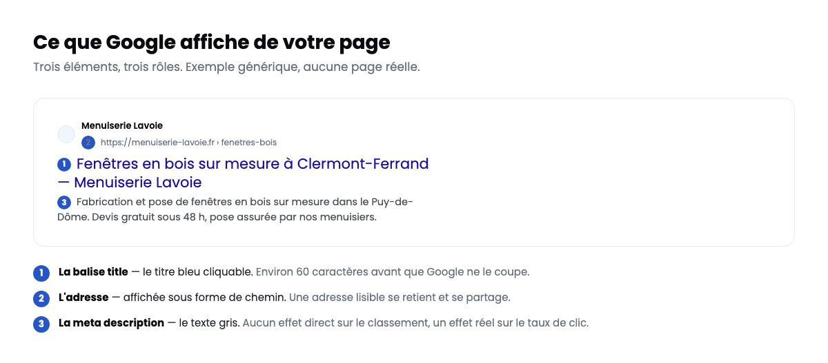 Balise title et meta description d'une page WordPress dans les résultats de Google