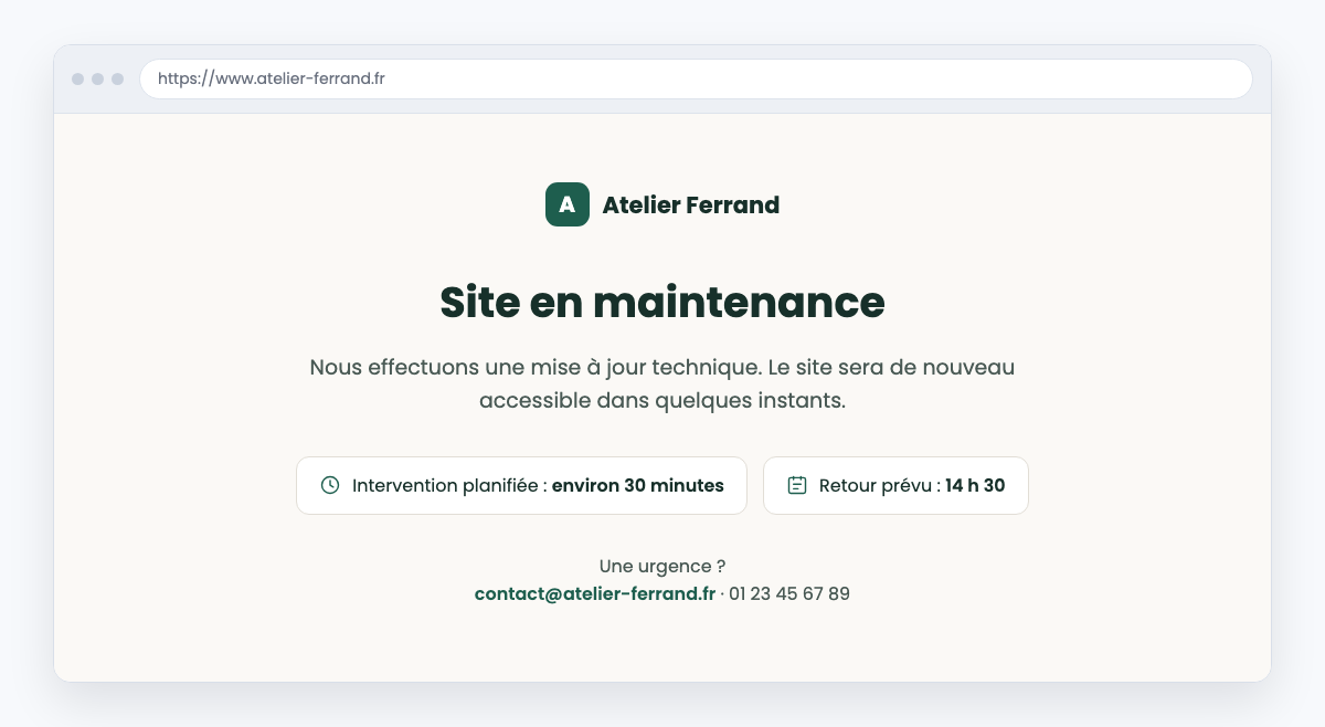 Exemple de message affiché sur un site en maintenance